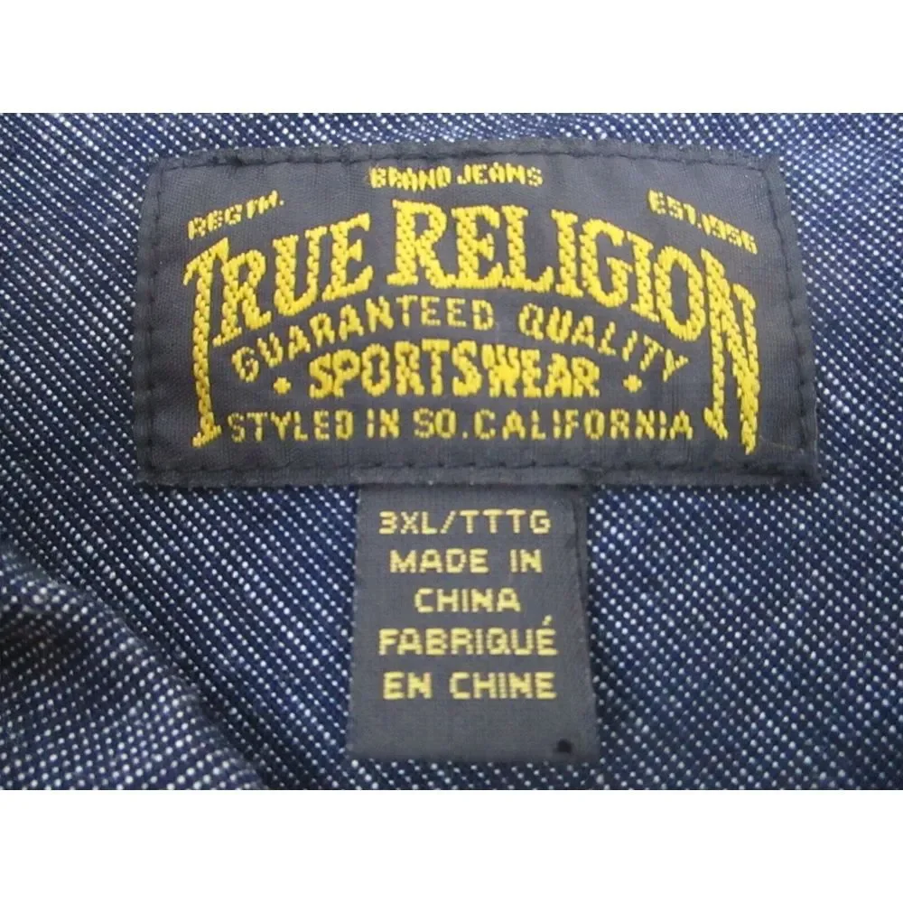 True Religion Shirt Mens 3XL‎ Blue Denim Vented Mesh Sides Button Down Western